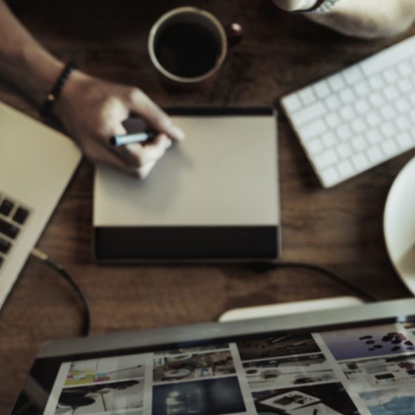 Aerial view of man working on computer